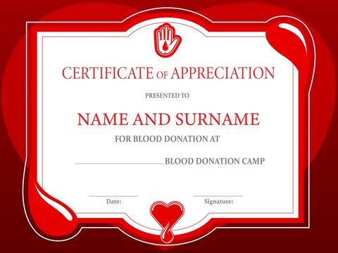 Blood donation charity certificate, donor day heart and helping hand, vector diploma template. Donate blood, save life and healthcare charity campaign, appreciation certificate for blood donation - Powered by Adobe