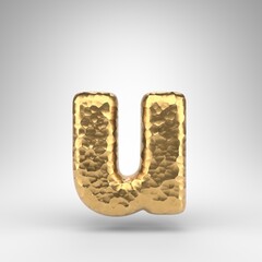 Letter U lowercase on white background. Hammered brass 3D letter with shiny metallic texture.