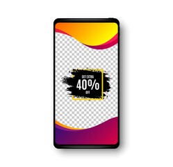 Get 40 percent off paint brush banner. Phone mockup vector banner. Discount square frame. Sale tag icon. Social story post template. Sale frame badge. Cell phone frame. Modern background. Vector