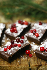 Selective focus. Christmas chocolate brownies with cranberries. Festive sweets.