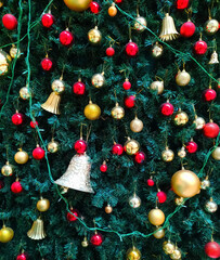 Christmas tree background texture decorated with Christmas bells and Red and Golden balls, Christmas interior decoration