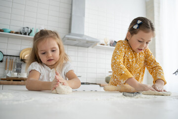 happy sisters children girls bake cookies, knead dough, play with flour and laugh in the kitchen.