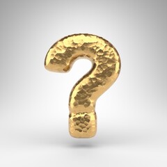 Question symbol on white background. Hammered brass 3D sign with shiny metallic texture.