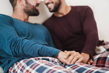 Gay men couple having tender moments together at home - Homosexual, love and relationship concept -...