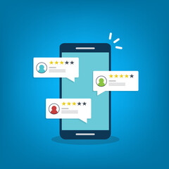 Review rating online on a smartphone. Customer feedback testimonials. Digital reviews stars with good and bad rate experience.