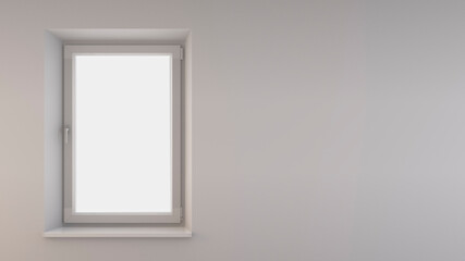 Single-leaf closed window on a white wall. Abstract aerial light illustration for brochures, web design. 3d rendering for your artwork