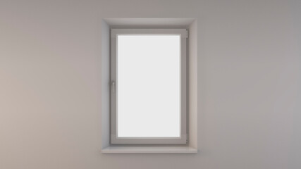 Single-leaf closed window on a white wall. Abstract aerial light illustration for brochures, web design. 3d rendering for your artwork