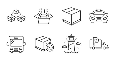 Truck parking, Lighthouse and Delivery box line icons set. Delivery timer, Packing boxes and Bus signs. Taxi, Parcel shipping symbols. Free park, Beacon tower, Cargo package. Vector