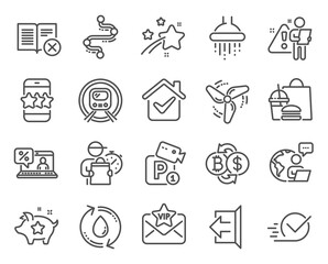 Fototapeta na wymiar Technology icons set. Included icon as Star, Online loan, Wind energy signs. Checkbox, Parking security, Metro subway symbols. Bitcoin exchange, Shower, Refill water. Reject book, Timeline. Vector