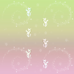 Fantasy Background with white unicorns pink and  yellow gradient background with swirls of stars scrapbook paper. Magical craft paper