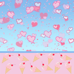 Cute Kawaii Background with Shades of Pink Hearts on a Blue gradient Background and Pink Ice Cream cones against a Pink Background. Scrapbooking and Craft Paper