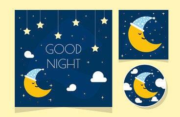Fototapeta na wymiar Night scene with moon and stars. Nightly sky with large moon. Good night sky card.