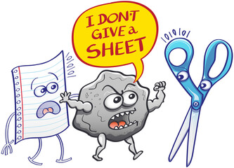 Funny scene showing an angry rock protecting a paper sheet from the scissors. The rock defiantly stares at the scissors while saying that it doesn't give a sheet. Paper and scissors look surprised