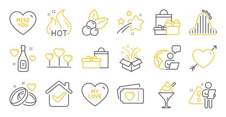 Set of Holidays icons, such as Shopping, Miss you, Love heart symbols. Hot sale, Roller coaster, Love signs. Gifts, Ice cream, Christmas holly. Gift, Marriage rings line icons. Line icons set. Vector