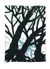 Linocut image of mystical trees with roots. Vector image of trees. Images of trees. Drawing of trees and roots.