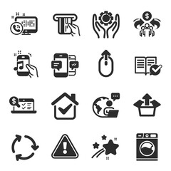 Obraz premium Set of Technology icons, such as Music phone, Employee hand, Swipe up symbols. Credit card, Washing machine, Web call signs. Sharing economy, Approved documentation, Smartphone sms. Vector