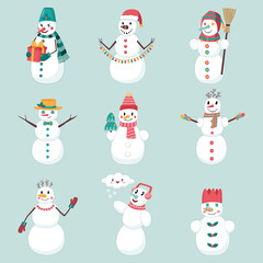 Vector collection of cute cartoon snowmen.