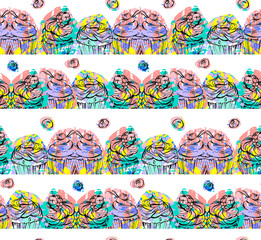 Seamless pattern made of cupcakes and cherries on a notebook. EPS 8 CMYK with global colors vector illustration.
