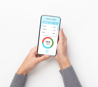 Unrecognizable woman using daily calories counter application on her smartphone, collage