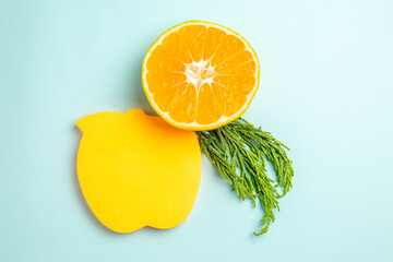 top view fresh tangerine slice on light-blue background photo fruit citrus orange color