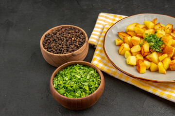 front view tasty fried potatoes inside plate with seasonings on the dark background color cuisine food photo