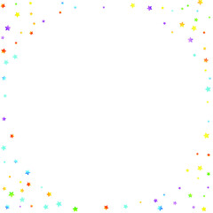 Rainbow Festive Confetti. Carnival Template. Colorful Star Falling. Beautiful Holidays Party. Little Tiny Multicolor Sprockets on White Background. Bright Vector Illustration.