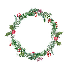 Cute and festive Christmas wreath with winter greenery, pine tree branches, foliage and red berries. Holiday decorative frame, isolated on white background. Hand painted illustration. Card template.