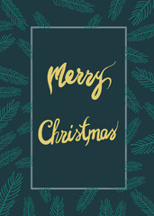 Merry christmas green greeting card with twigs and place for text