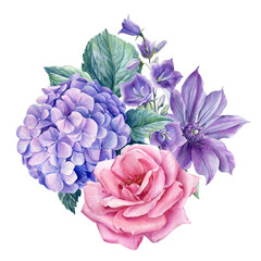 Bouquet of flowers pink rose, clematis, bell, hydrangea, watercolor botanical illustration
