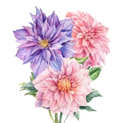 Papier Peint photo Dahlia Bouquet de fleurs dahlia, clématite, illustration botanique à l& 39 aquarelle