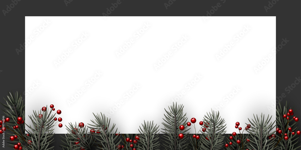 Poster dark grey frame with spruce branches with red berries.