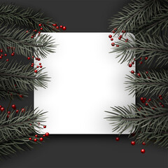Dark green spruce branches with red berries square frame.