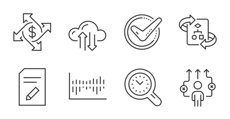 Cloud sync, Column diagram and Edit document line icons set. Time management, Confirmed and Technical algorithm signs. Business way, Payment exchange symbols. Quality line icons. Vector