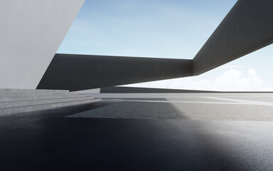 Empty concrete floor for car park. 3d rendering of abstract gray building with clear sky background.