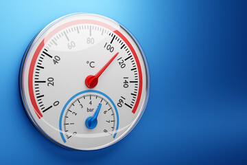 3d illustration of a round barometer with markings up to 160 on a blue isolated background