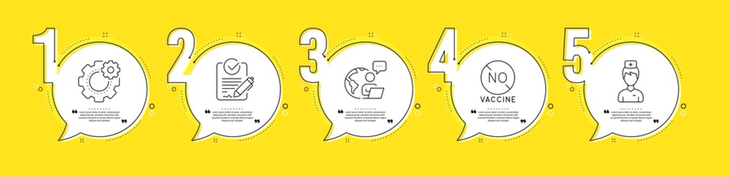 No Vaccine, Cogwheel And Rfp Line Icons Set. Timeline Process Infograph. Doctor Sign. Covid-19 Treatment, Engineering Tool, Request For Proposal. Medicine Person. Science Set. Vector