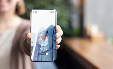 Personal Data Protection. Woman Demonstrating Smartphone With Opened Vpn App On Screen
