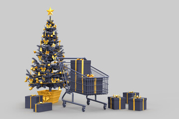 Christmas tree, gift boxes and shopping cart. 3D rendering