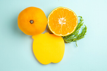 top view fresh tangerines with sticker on blue background fruit citrus color juice