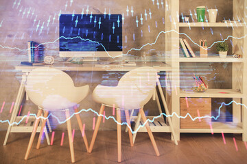 Multi exposure of stock market chart drawing and office interior background. Concept of financial analysis.