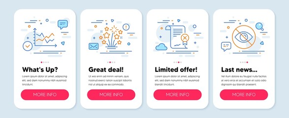 Set of Business icons, such as Fireworks stars, Reject certificate, Diagram chart symbols. Mobile screen banners. Not looking line icons. Pyrotechnic salute, Decline file, Presentation graph. Vector