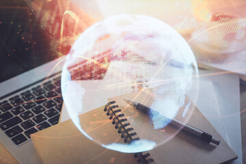 Double exposure of business theme drawing and desktop with coffee and items on table background....