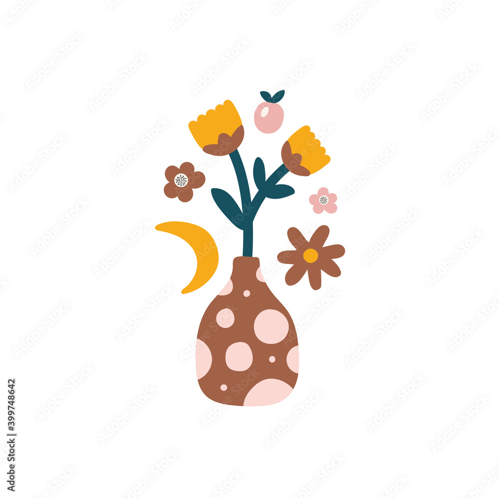 Poster vector abstract composition from vase with flowers and moon in hand drawn style on white background.