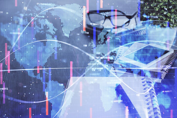 Double exposure of financial theme drawing and cell phone background. Concept of business