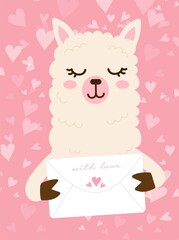 Valentines day card with cute funny llama holds love letter with hearts. Hand drawn vector illustration. Scandinavian style flat design. Concept for children holiday print
