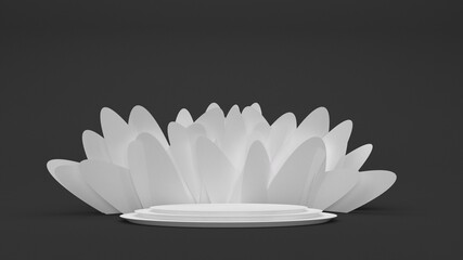 Podium for product demonstration. Round white pedestal on a black background. 3d render.