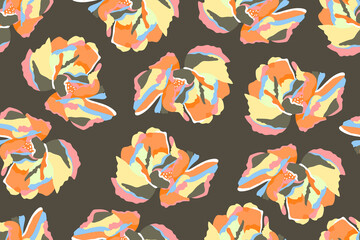 Vector floral seamless pattern. Colorful abstract flowers on a brown background. Vintage style.