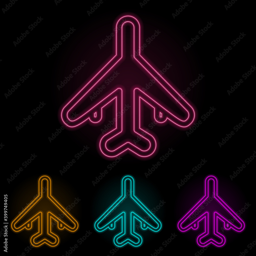 Poster aircraft color neon set. simple thin line, outline vector of web icons for ui and ux, website or mob