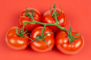 a bunch of large tomatoes on a red background