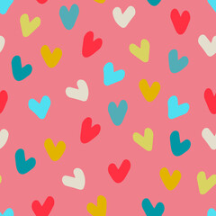 Seamless pattern. Hand drawn multicolored heart shapes on pink background, for wrapping paper and other design projects. Valentines Day concept, love, romance concept